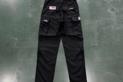 black with pink logo cargos
