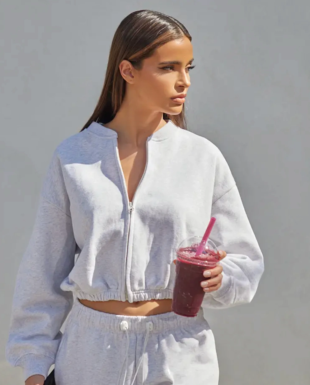 Ash Grey Drawcord Waist Cropped Zip Up Sweatshirt — view 2