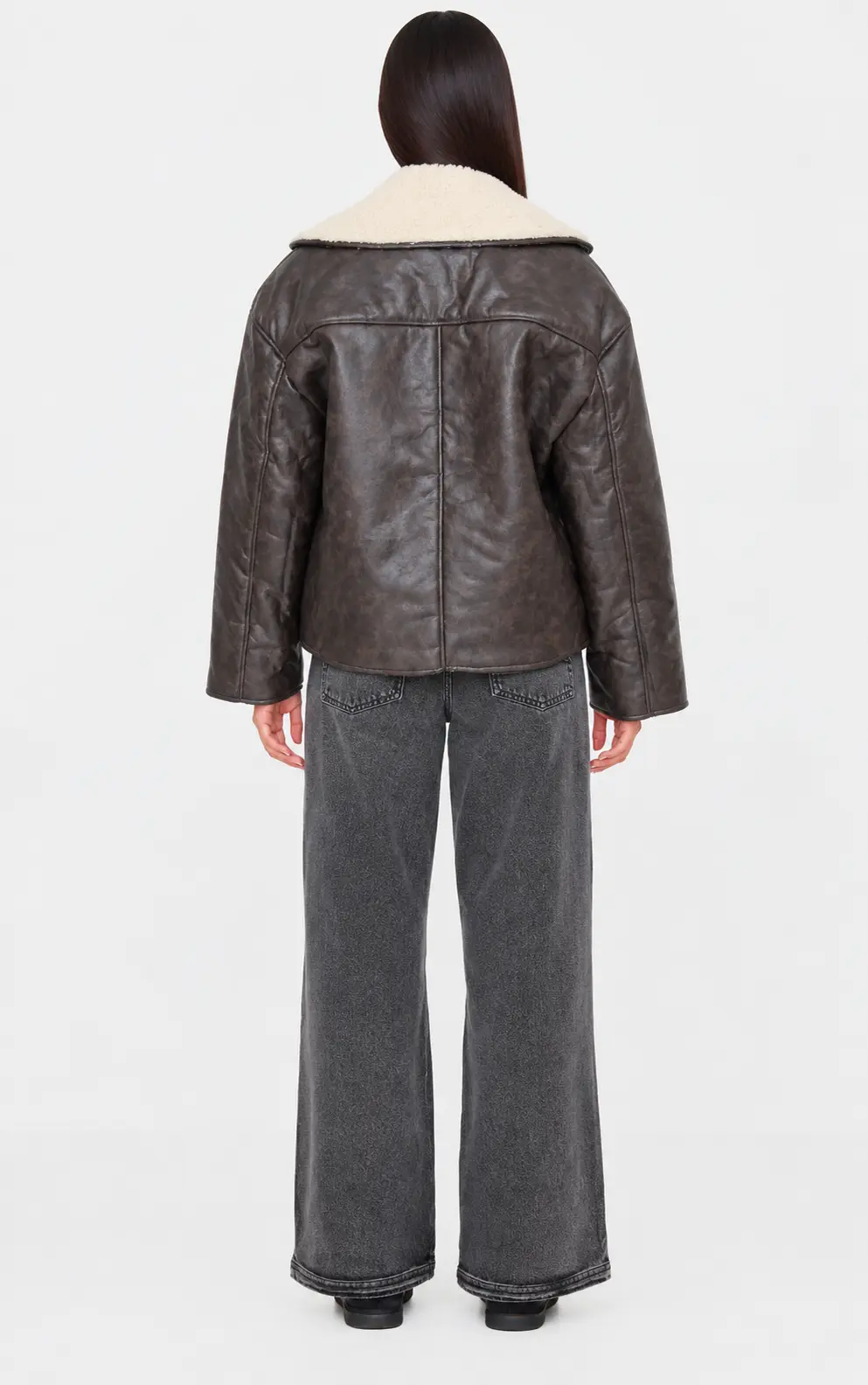 Washed Brown Distressed Faux Leather Borg Contrast Aviator Jacket — view 2