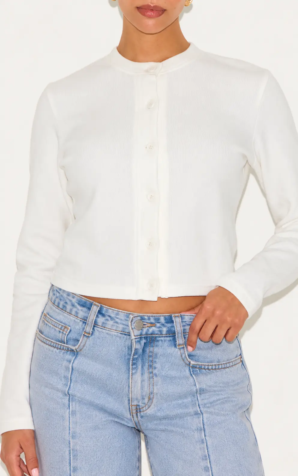 Petite Cream Super Soft Button Down Long Sleeve Top — view 3
