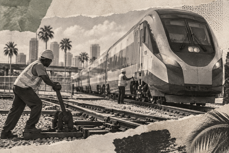 Generated editorial illustration for: Brightline lines up $490M as parent entities prepare for Chapter 11