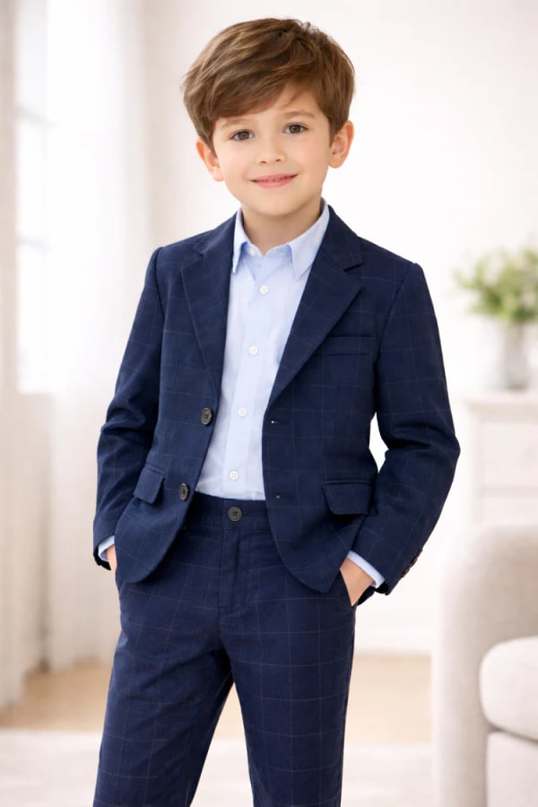 Ensemble Garçon Chic – Veste & Pantalon Bleu Marine à Carreaux