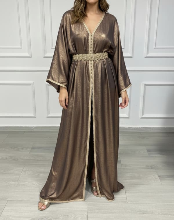Caftan 2 pièces en lamé bronze cuivré + ceinture
