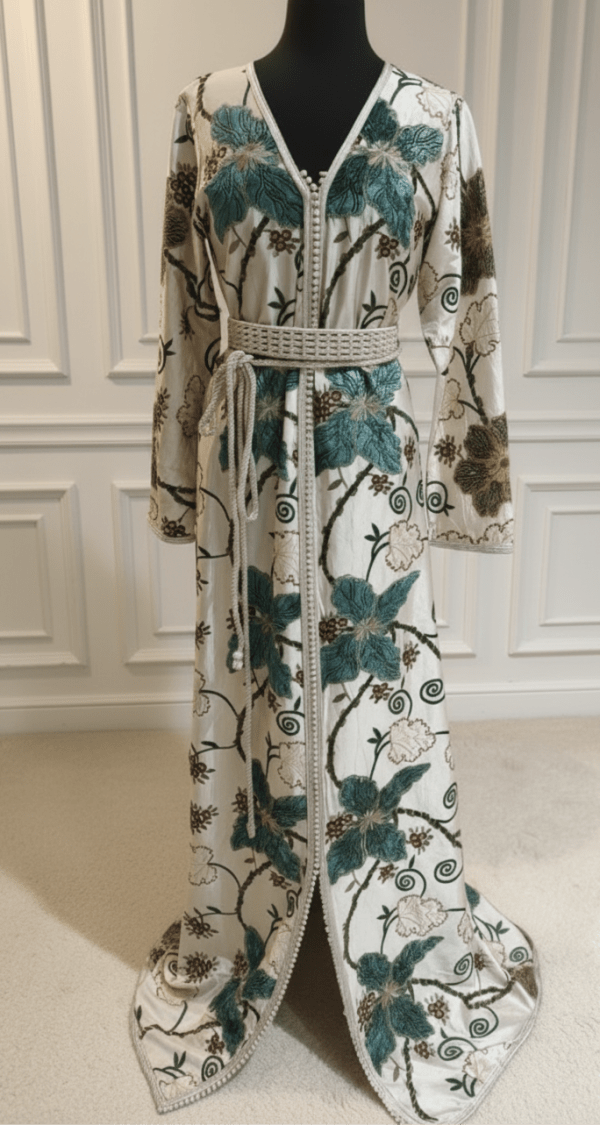 Caftan 1 pièce brocard fleuri fait mains + ceinture Hrir – pièce unique