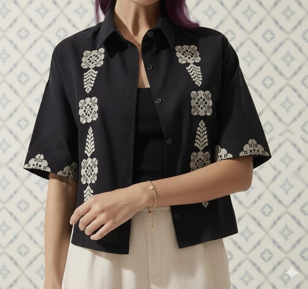 Chemise noire demi manches avec broderie beige