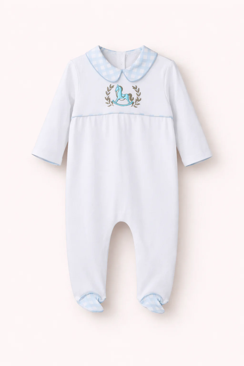 Grenouillère Bébé Garçon Blanche & Bleu Ciel – Motif Cheval à Bascule