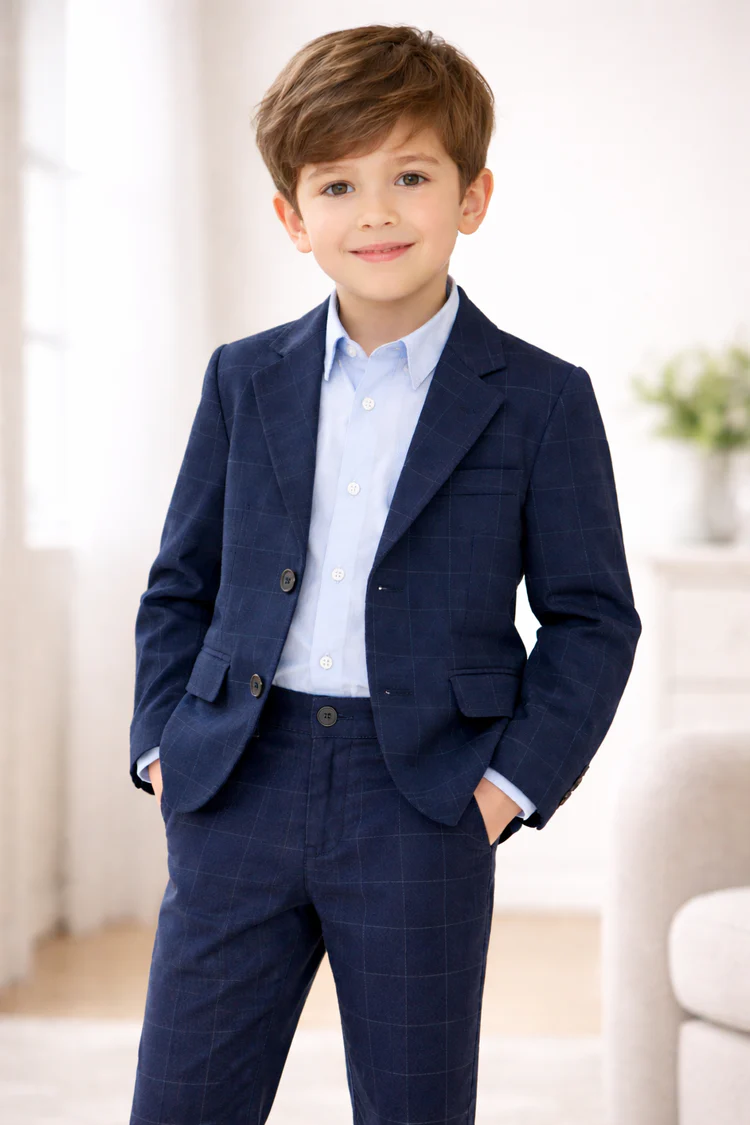 Ensemble Garçon Chic – Veste & Pantalon Bleu Marine à Carreaux