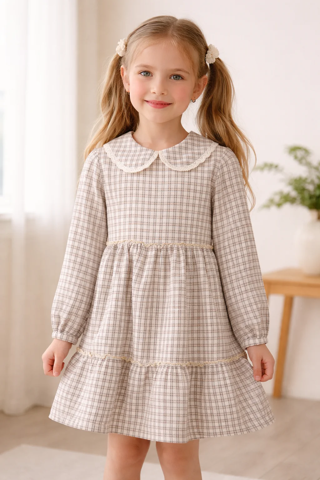 Robe à carreaux avec col dentelle – Fille