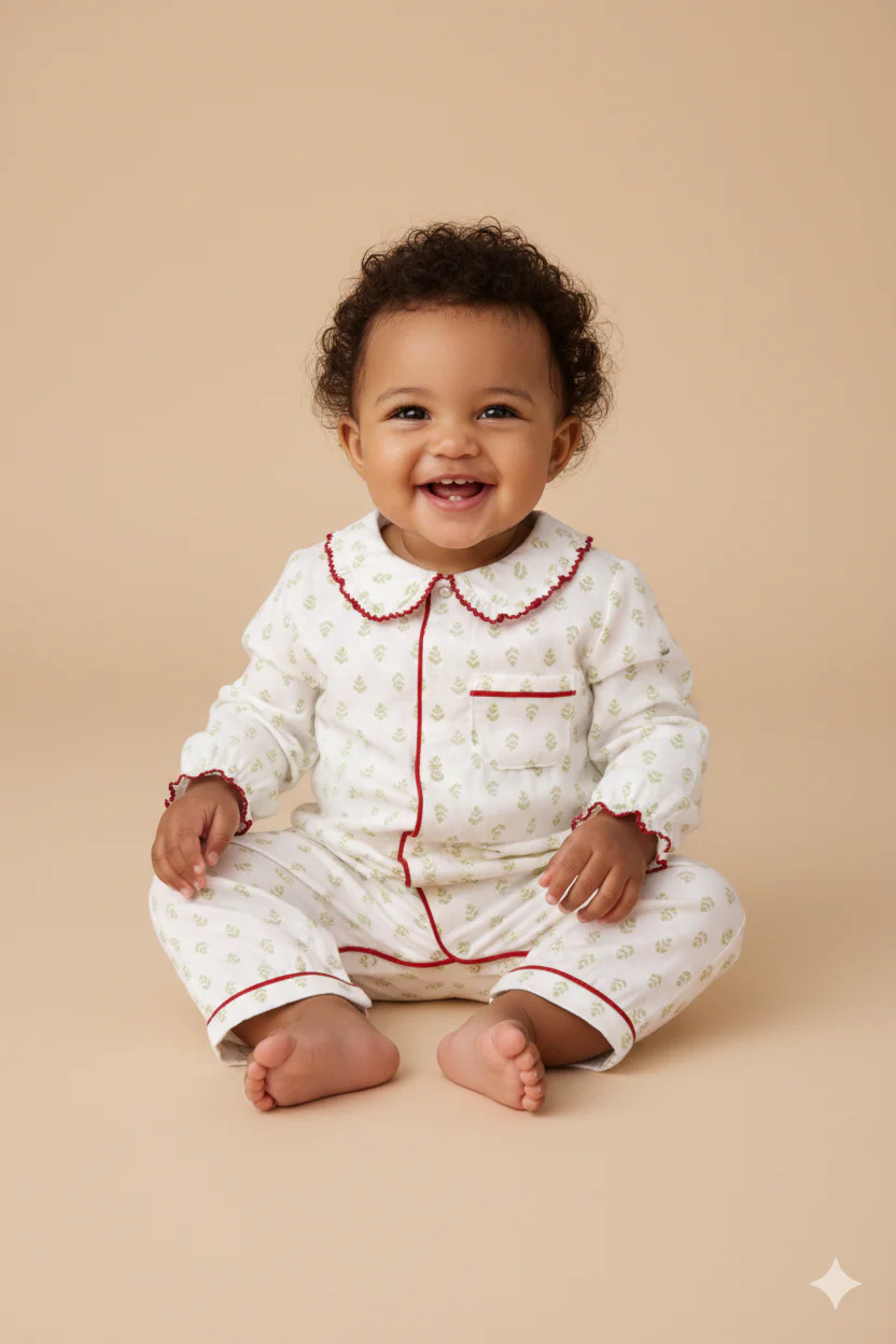 Pyjama bébé motif feuillage – Douceur naturelle & élégance