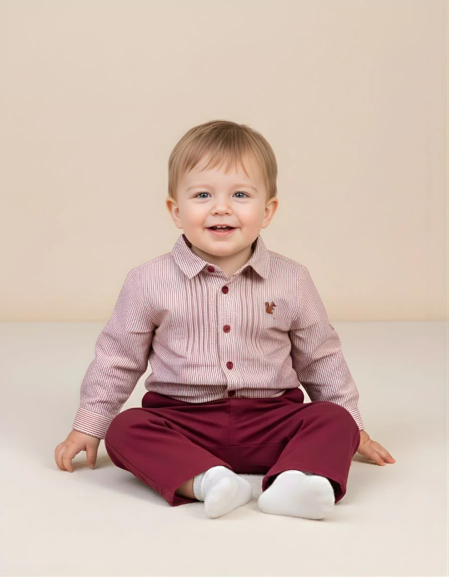 Chemise bébé garçon – Motif vichy bordeaux avec broderie