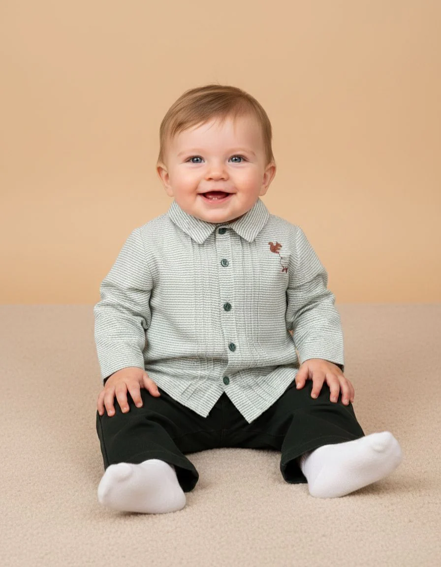 Chemise bébé garçon – Motif vichy vert avec broderie