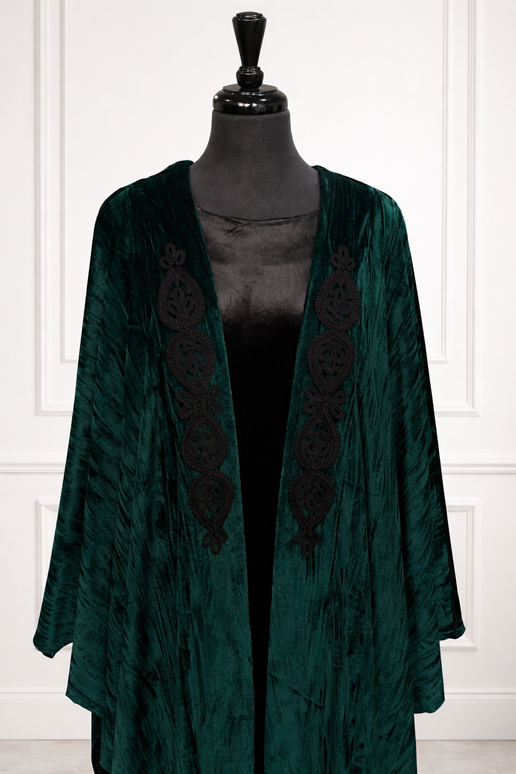 Kimono velours vert foncé coupe papillon + robe longue noire