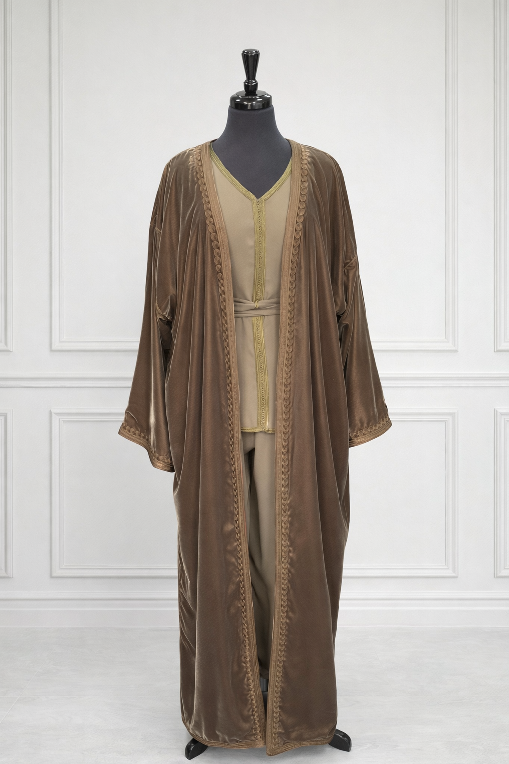 Kimono velours beige kaki doux – intérieur orange + ensemble + mejdoul