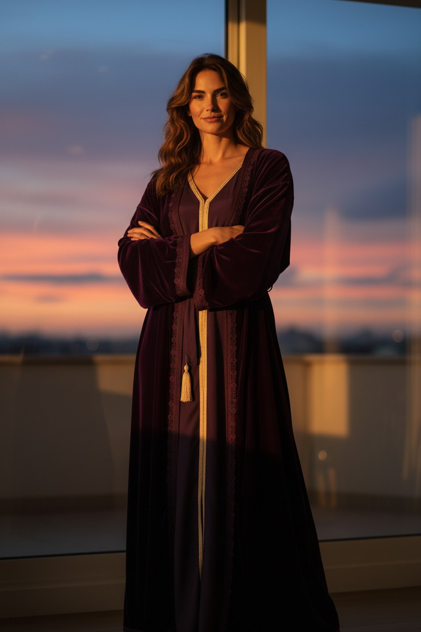 Kimono en velours violet – intérieur satin rose pâle + Robe + mejdoul