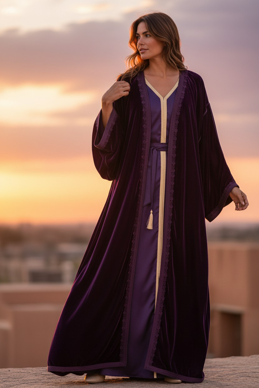 Kimono en velours violet – intérieur satin rose pâle + Robe + mejdoul
