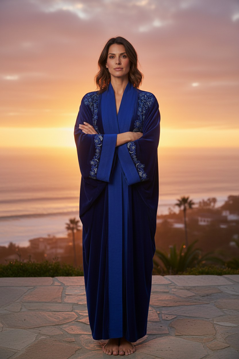 Kimono velours bleu électrique brodé – coupe papillon