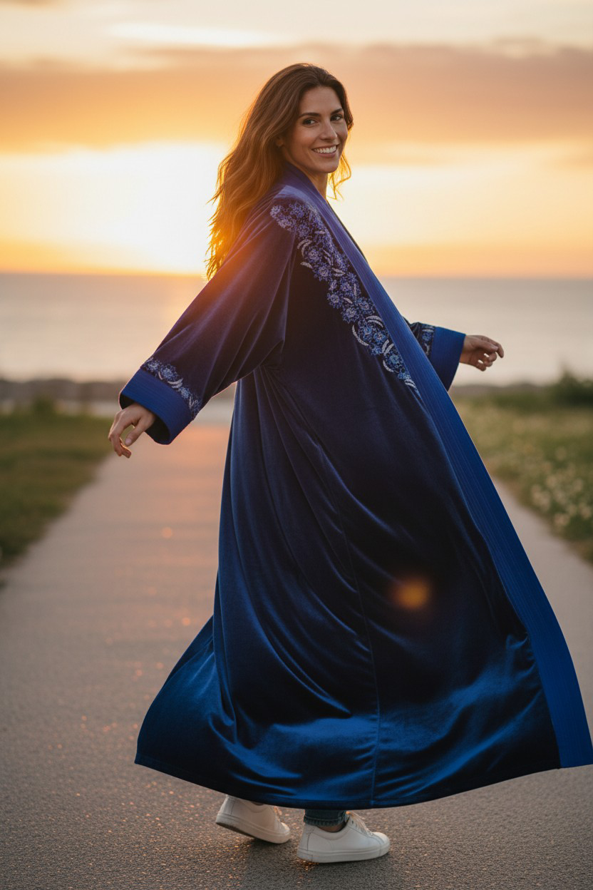 Kimono velours bleu électrique brodé – coupe papillon