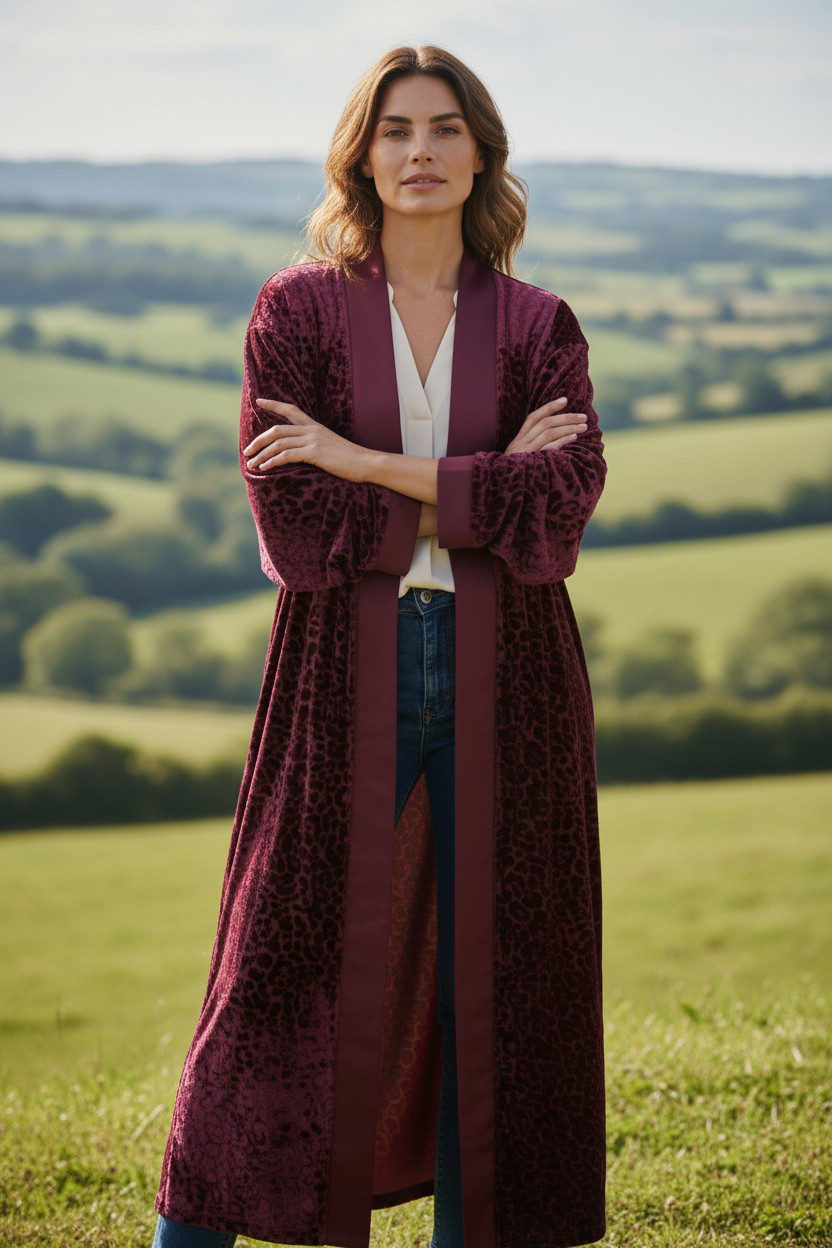 Kimono bordeaux long à motifs ton sur ton
