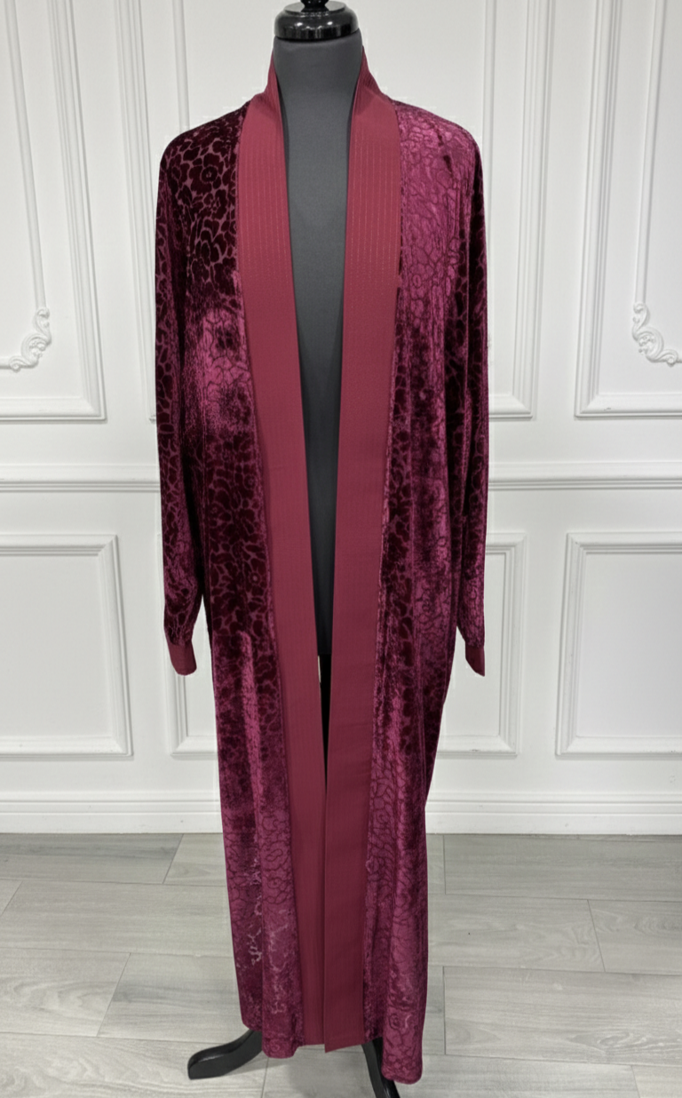 Kimono bordeaux long à motifs ton sur ton