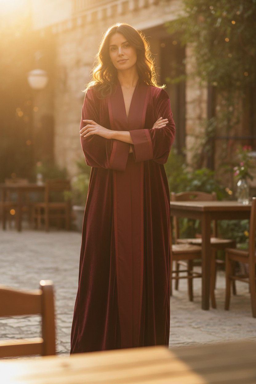 Kimono velours bordeaux avec bande large unie
