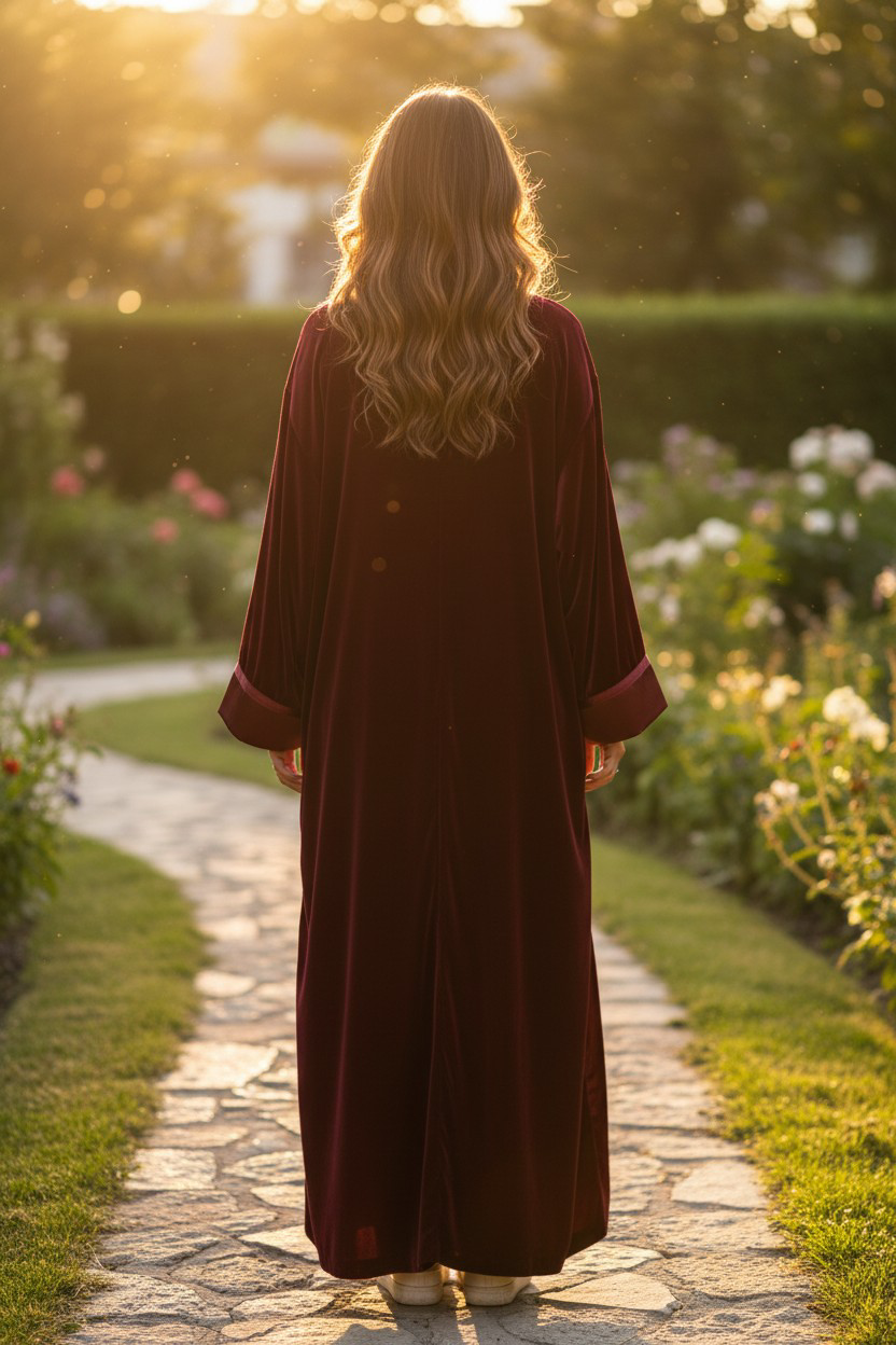 Kimono velours bordeaux avec bande large unie