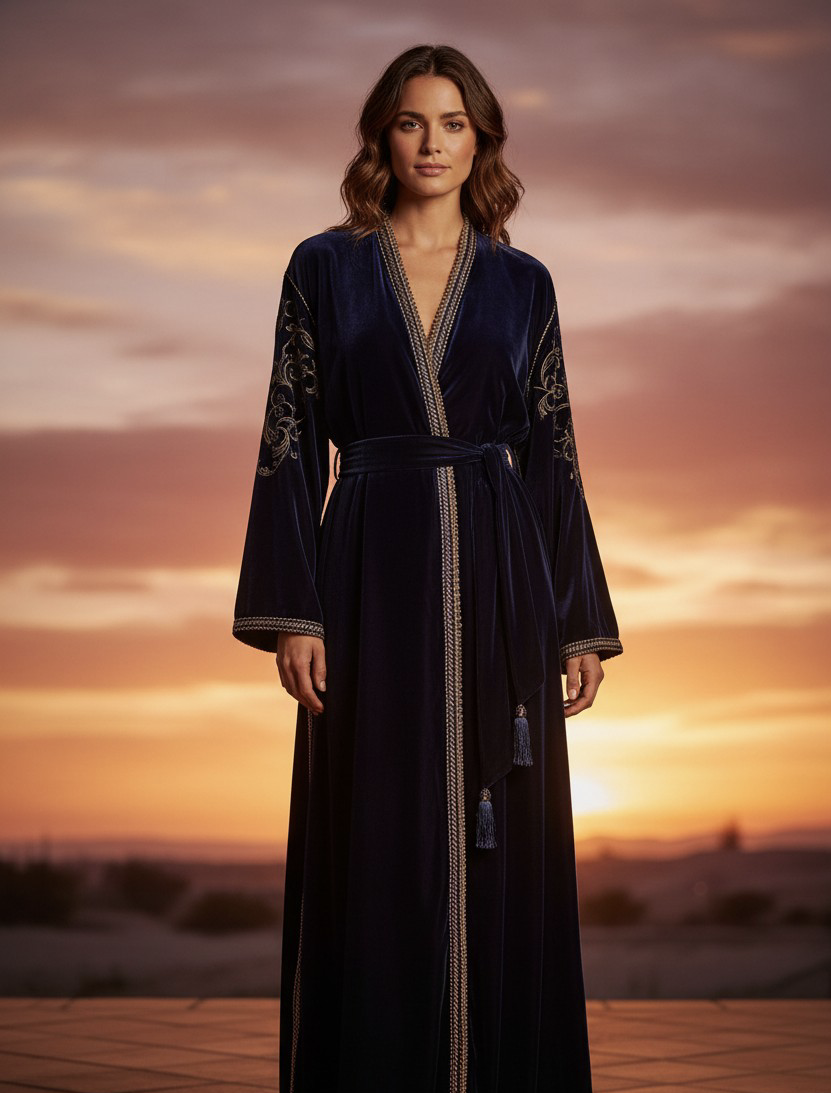 Kimono en velours bleu brodé + ceinture choucha