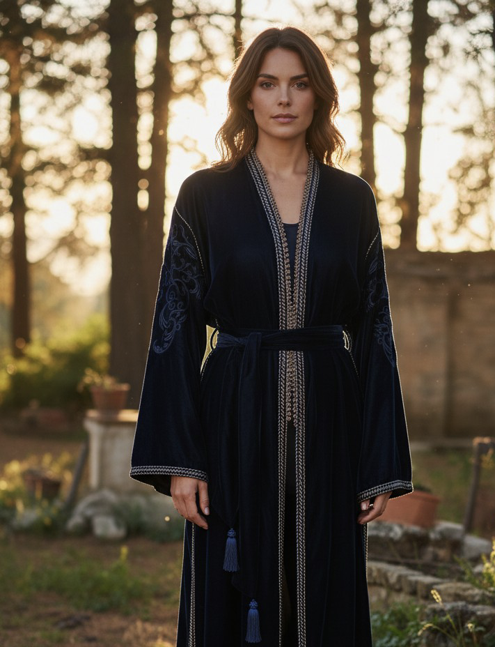Kimono en velours bleu brodé + ceinture choucha
