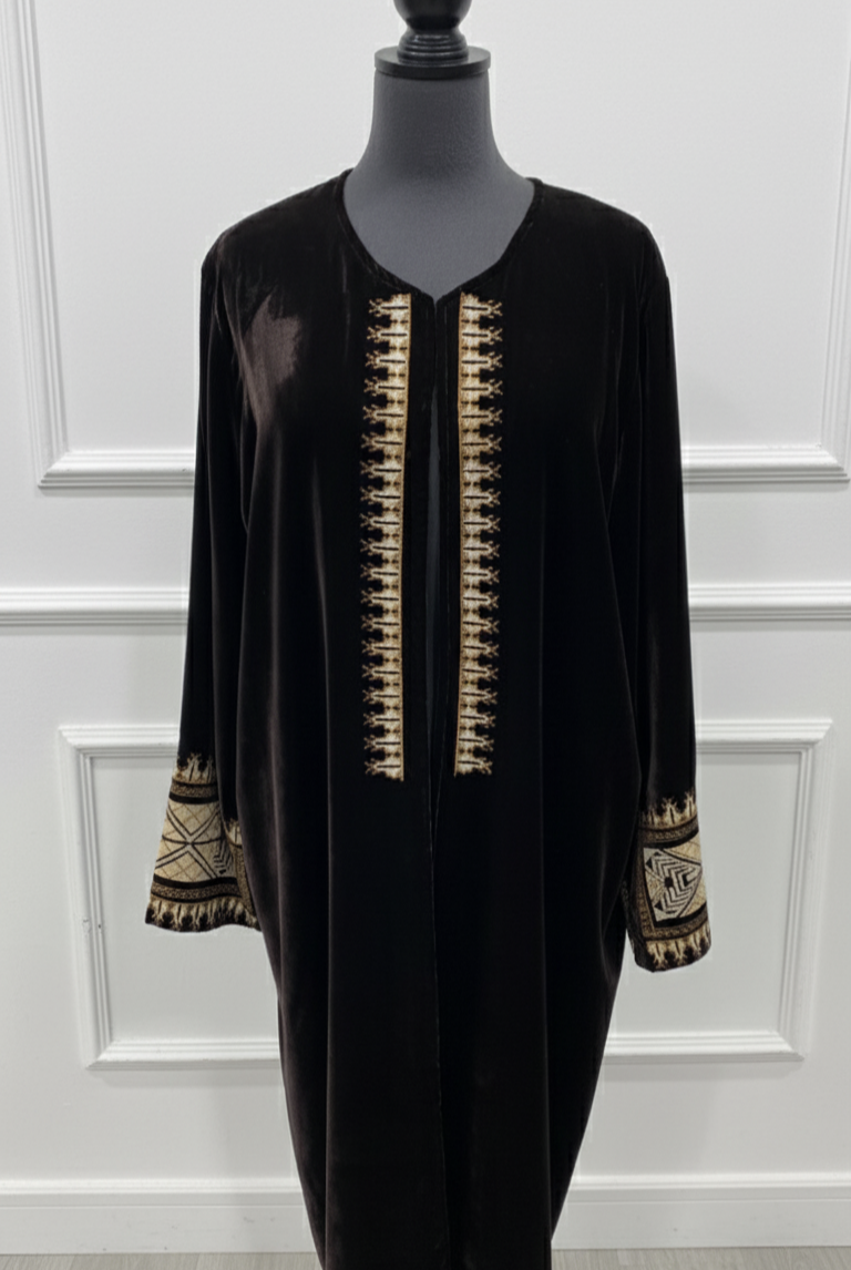 Kimono en velours marron foncé – intérieur satin beige