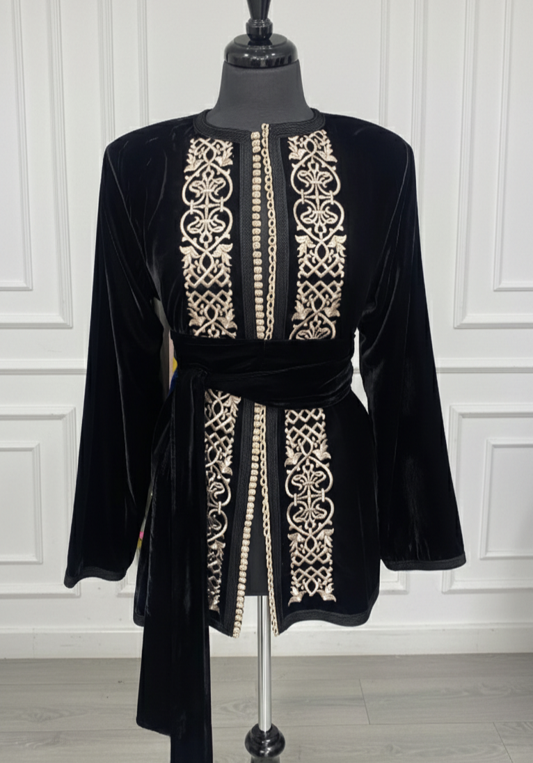 Kimono velours noir court brodé cartier + ceinture