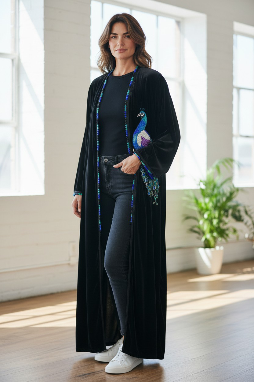 Kimono velours noir – intérieur satin bleu – brodé paon