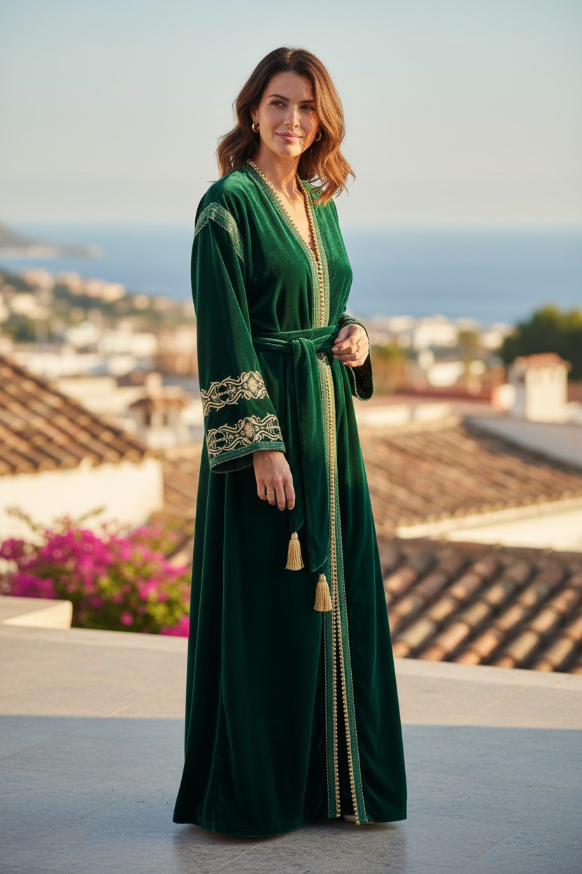 Kimono en velours vert émeraude + mejdoul choucha