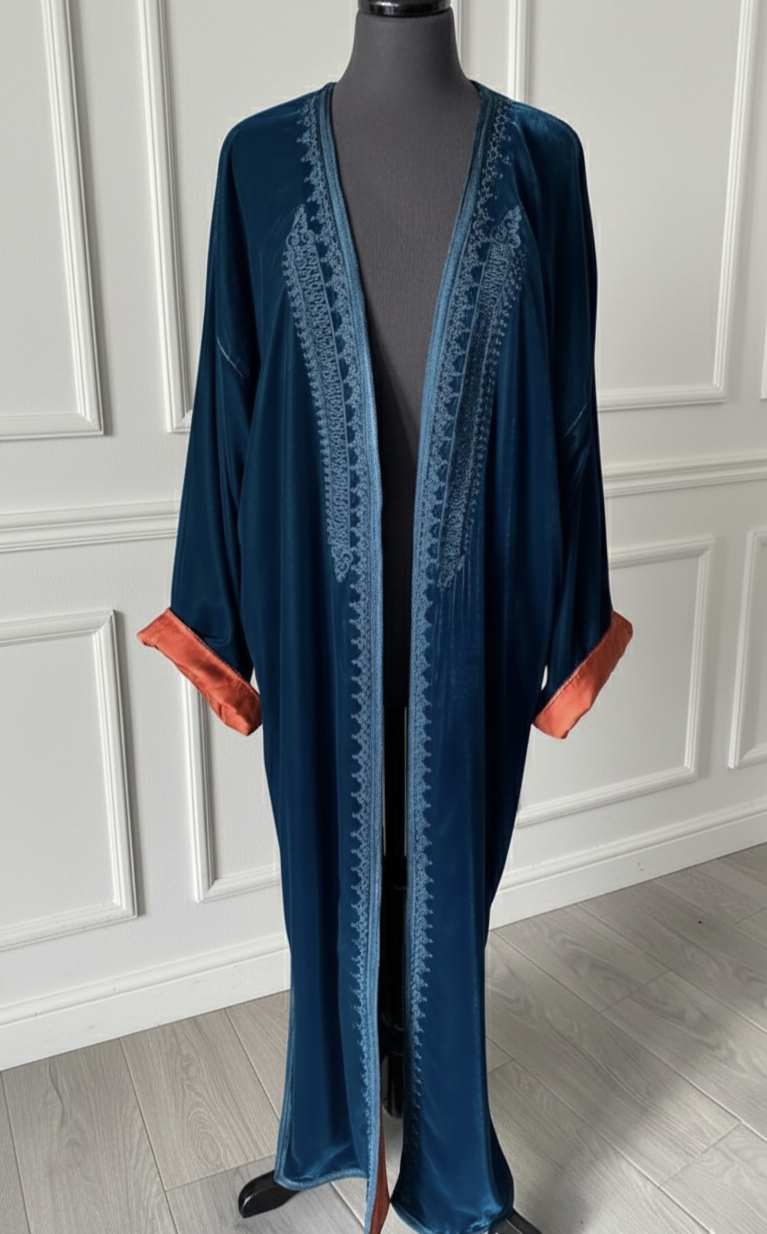 Kimono en velours bleu canard