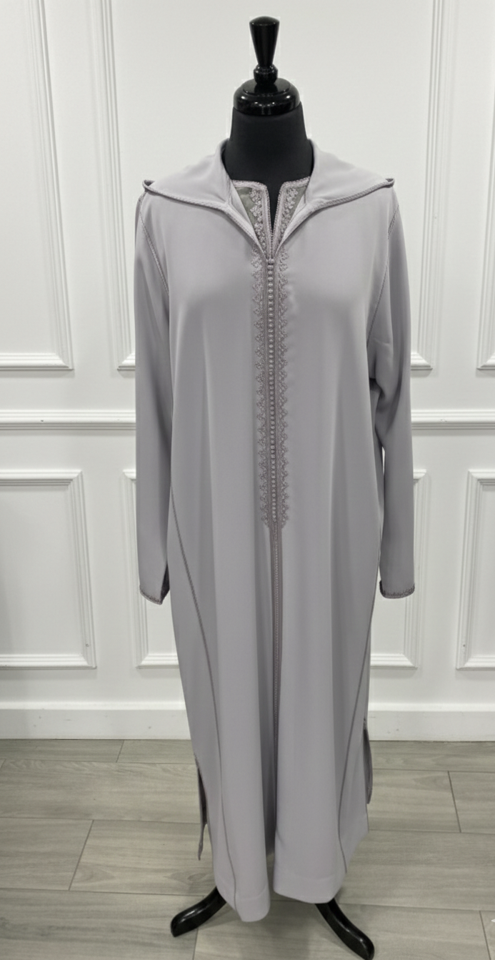 Djellaba crêpe grise 2 pièces – coupe classique 39ad + kmiss fait mains