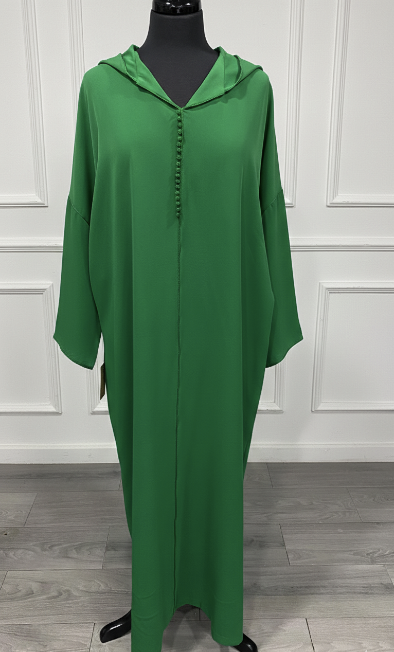 Djellaba verte – choucha et motifs sur dos