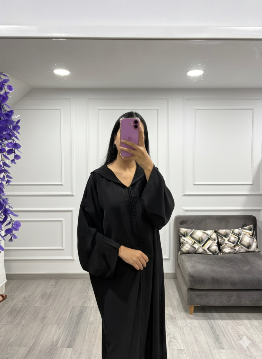 Djellaba en crêpe noir simple – manches tombantes oversize