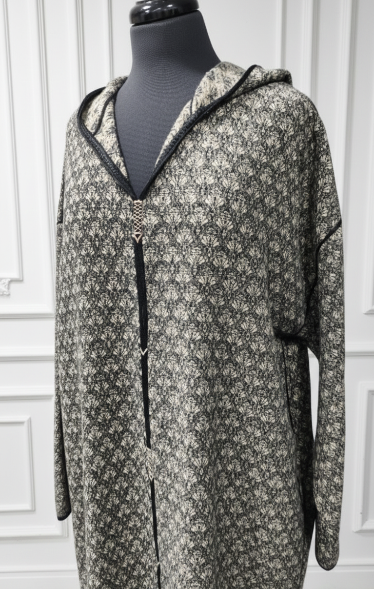 Djellaba en laine à motifs beige/noir