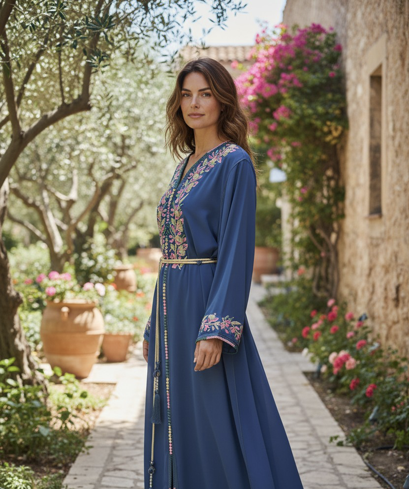 Caftan 1 pièce bleu fleuri rose/doré + ceinture dorée