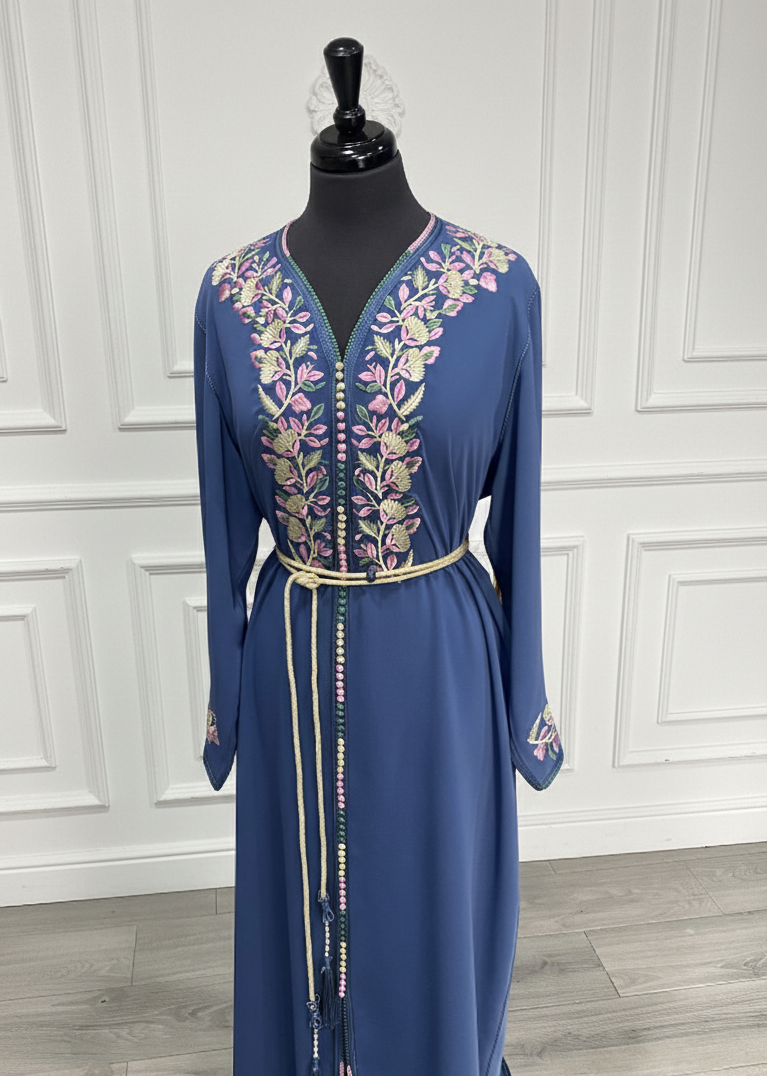 Caftan 1 pièce bleu fleuri rose/doré + ceinture dorée