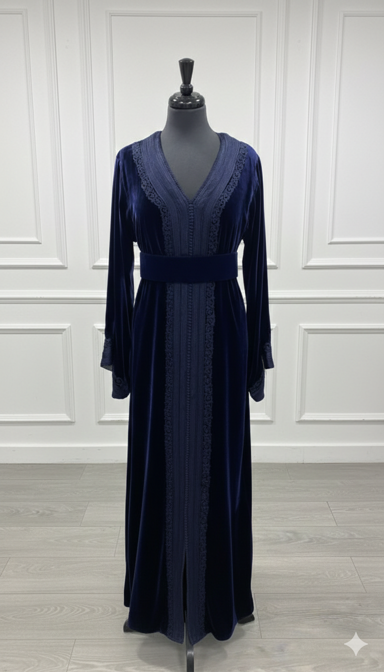 Caftan en velours bleu + ceinture ajustable