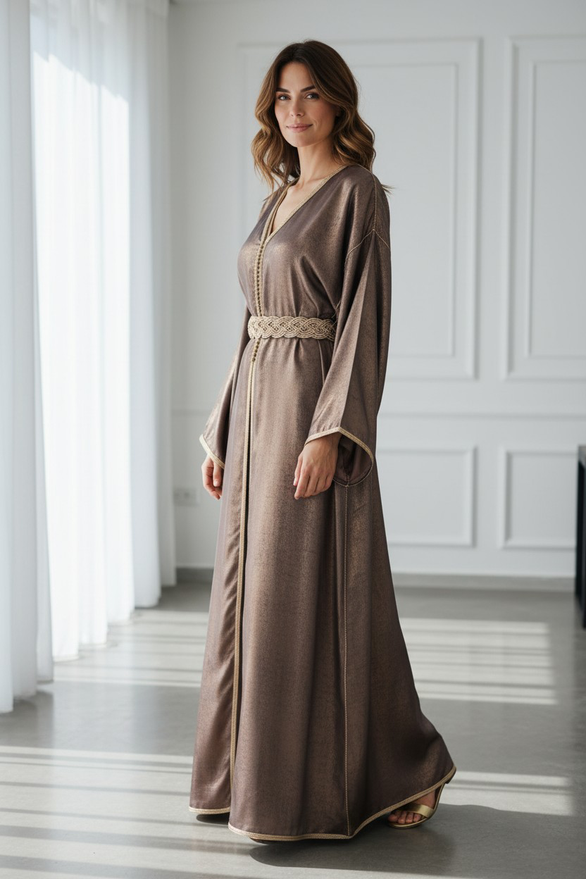 Caftan 2 pièces en lamé bronze cuivré + ceinture