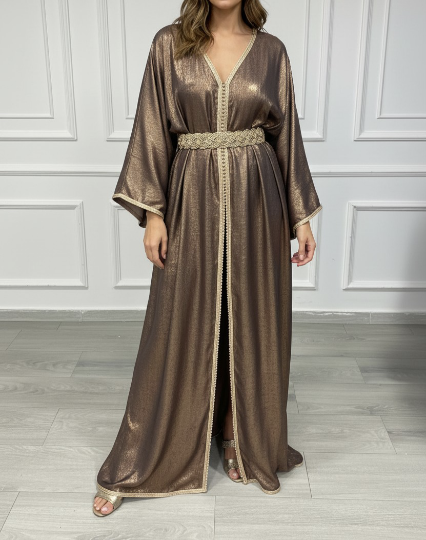 Caftan 2 pièces en lamé bronze cuivré + ceinture