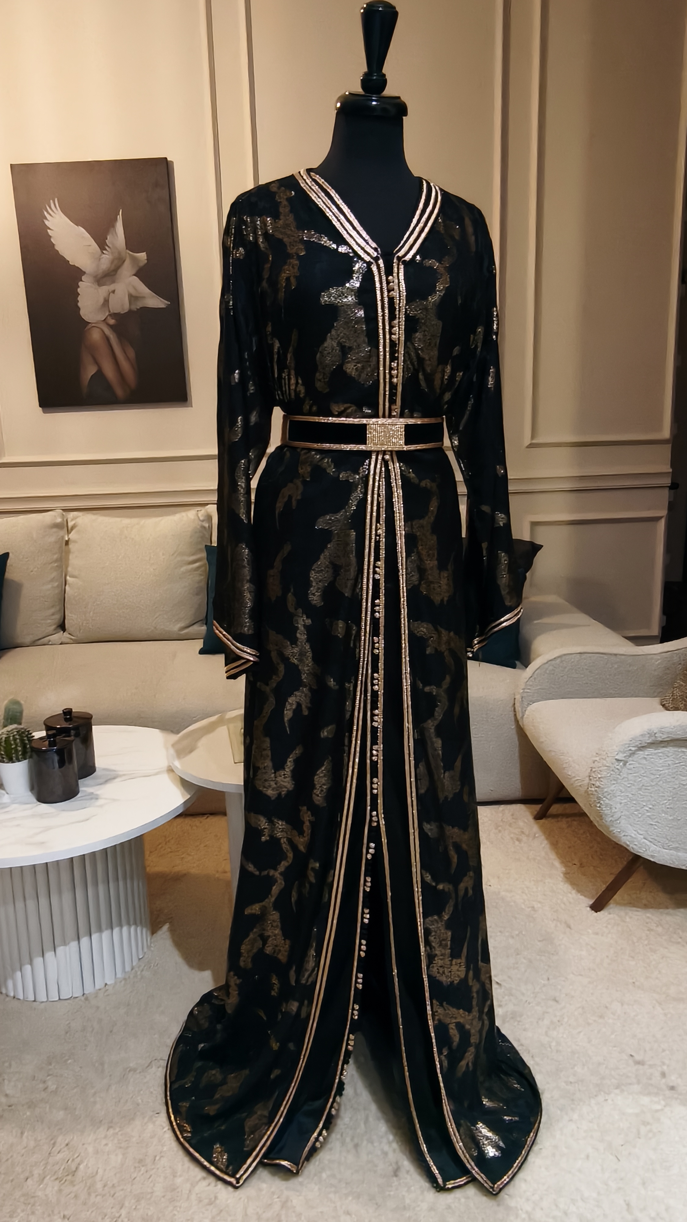 Caftan 2 pièces noir/cuivre + ceinture velours et sqalli