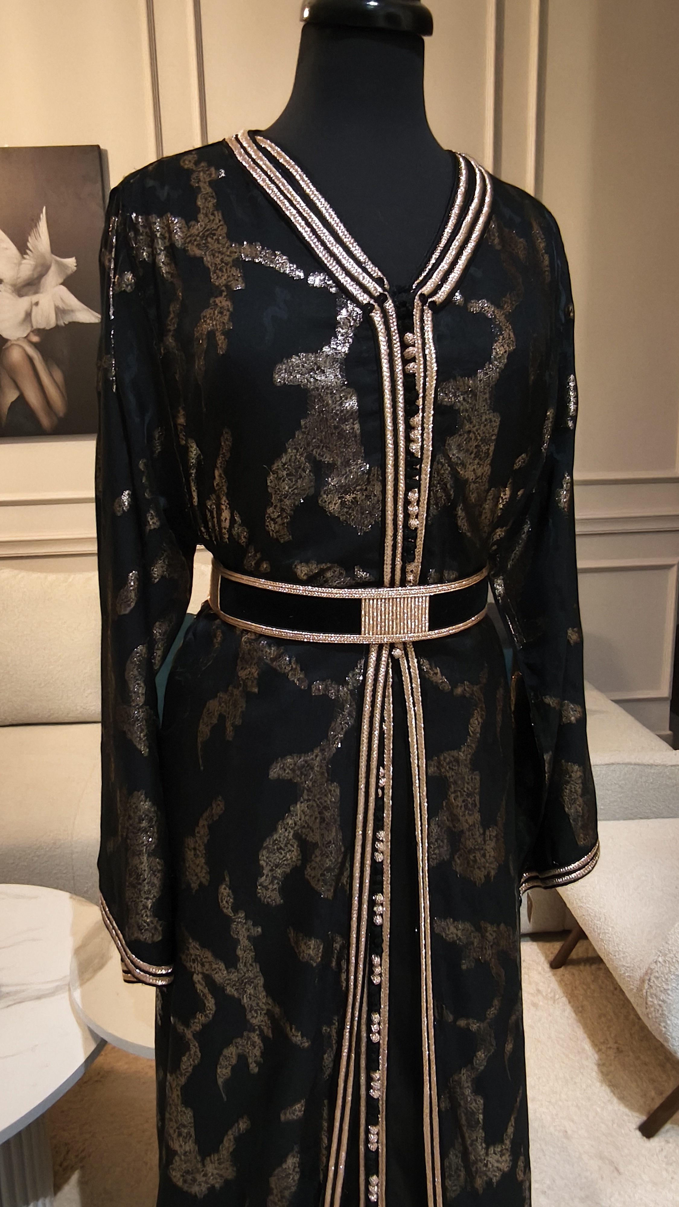 Caftan 2 pièces noir/cuivre + ceinture velours et sqalli