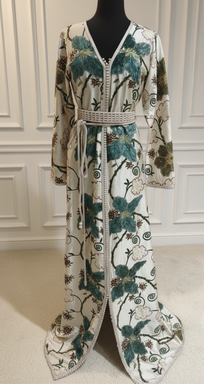 Caftan 1 pièce brocard fleuri fait mains + ceinture Hrir – pièce unique
