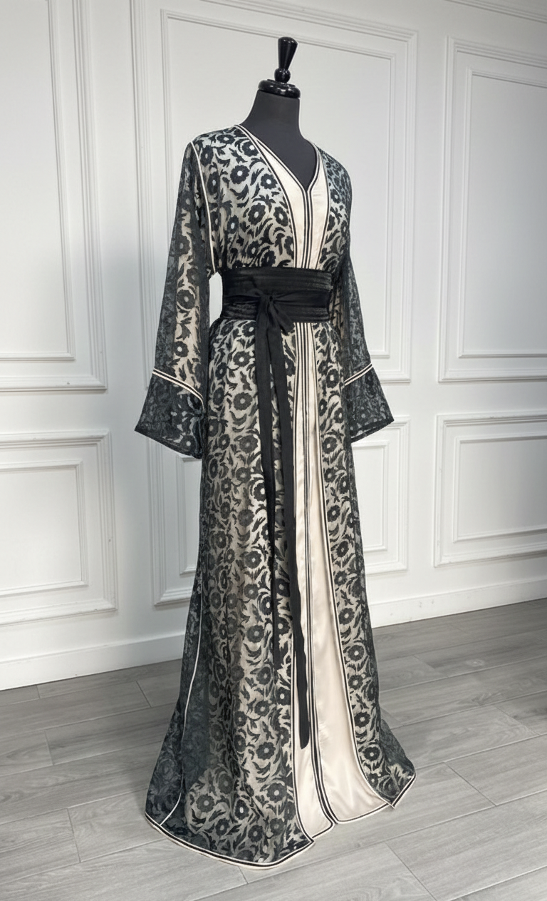Caftan 2 pièces rose pâle/noir à motifs – PIECE UNIQUE