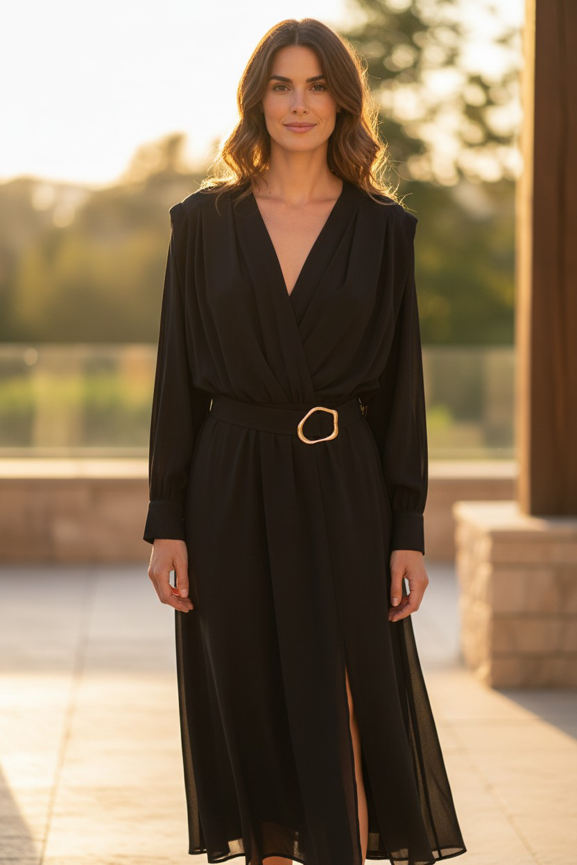 Robe noire 3/4 manches longues – ceinture à boucle dorée