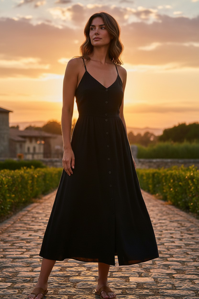 Robe noire à boutons – dos nu bande silver
