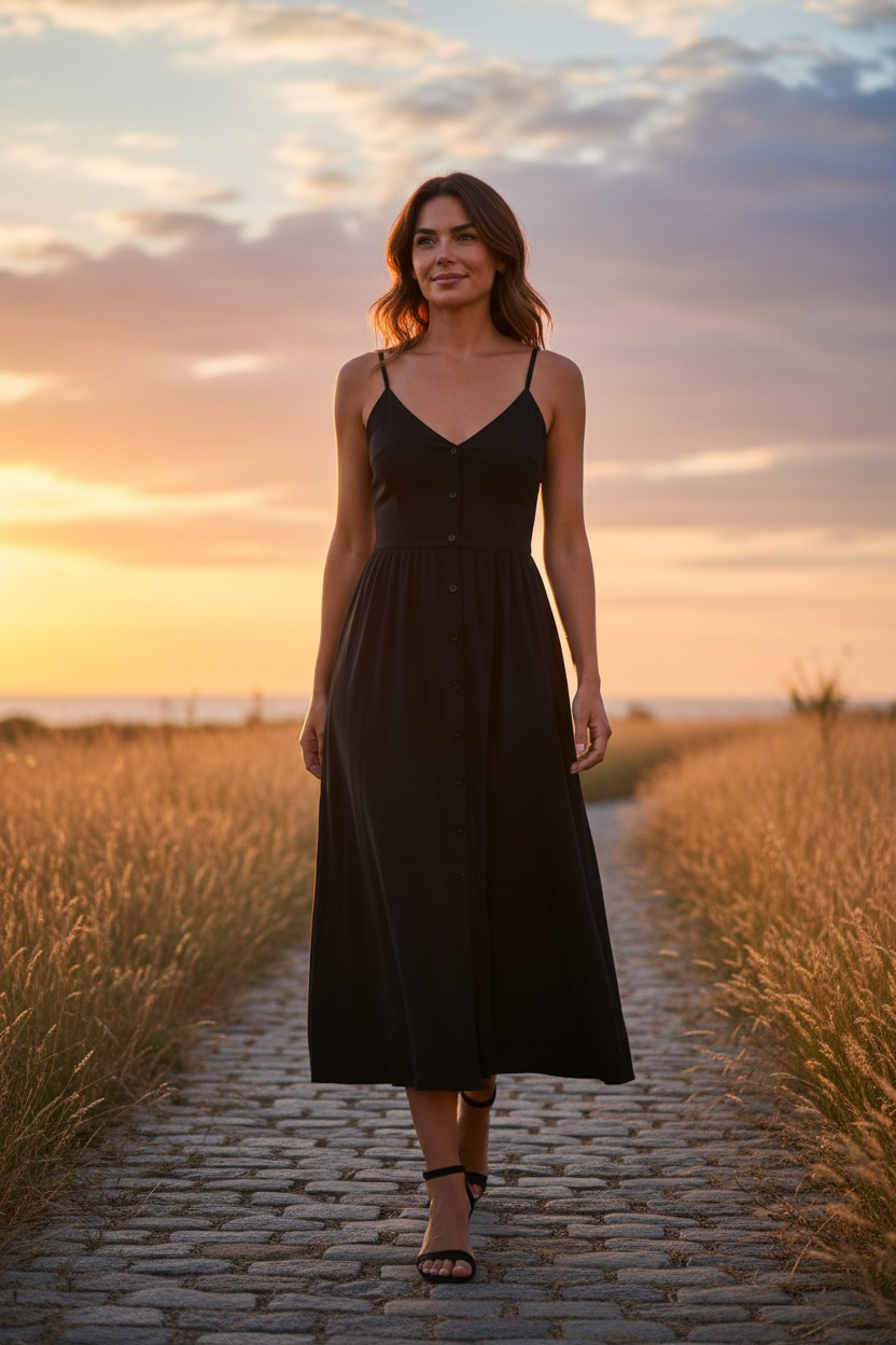 Robe noire à boutons – dos nu bande silver