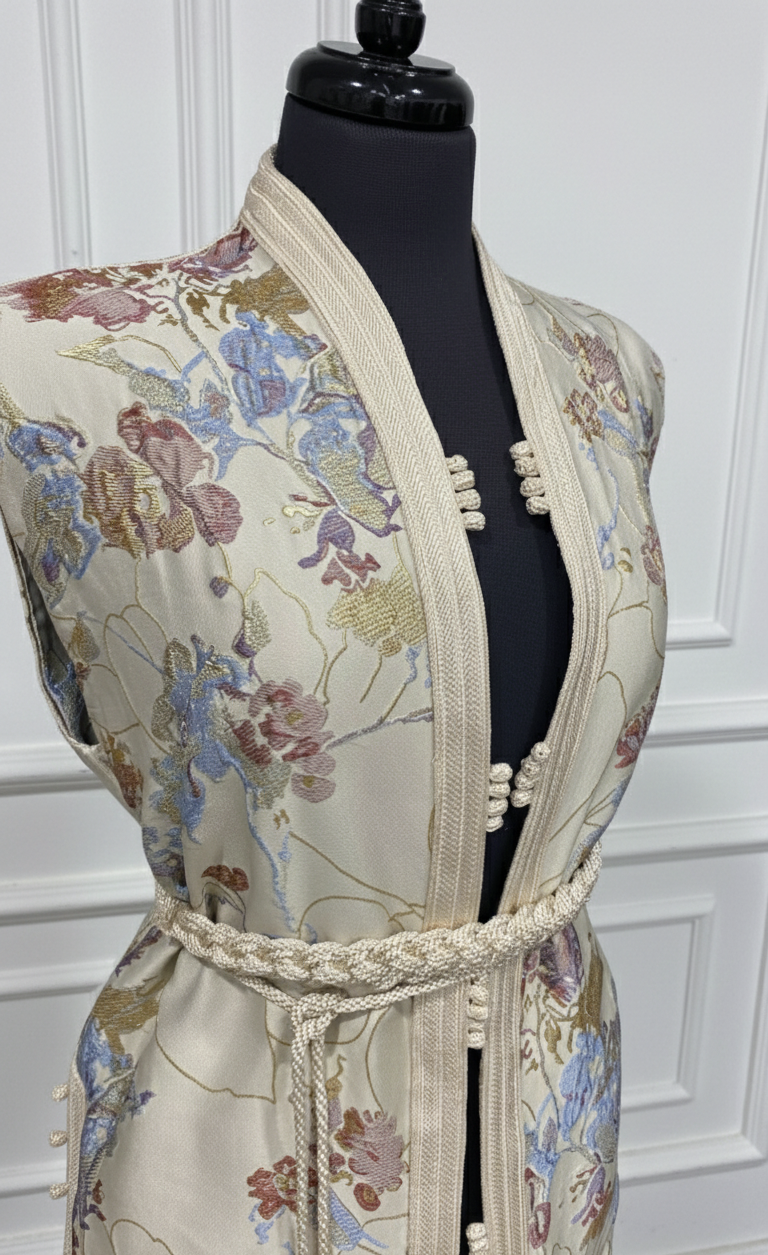 Gilet court blanc cassé à fleurs 39ad + mejdoul