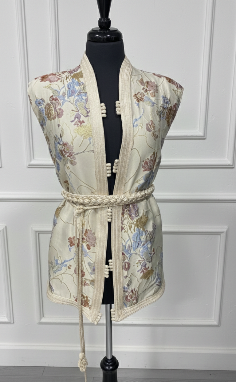 Gilet court blanc cassé à fleurs 39ad + mejdoul